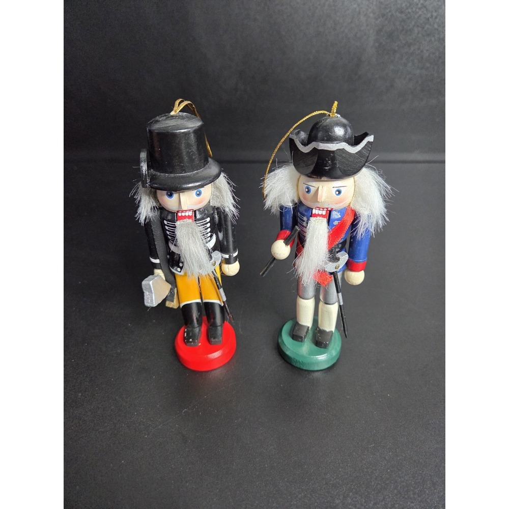 Set of 2 Wooden Nutcracker Soldier Ornaments 5" Hand Painted Vintage Style